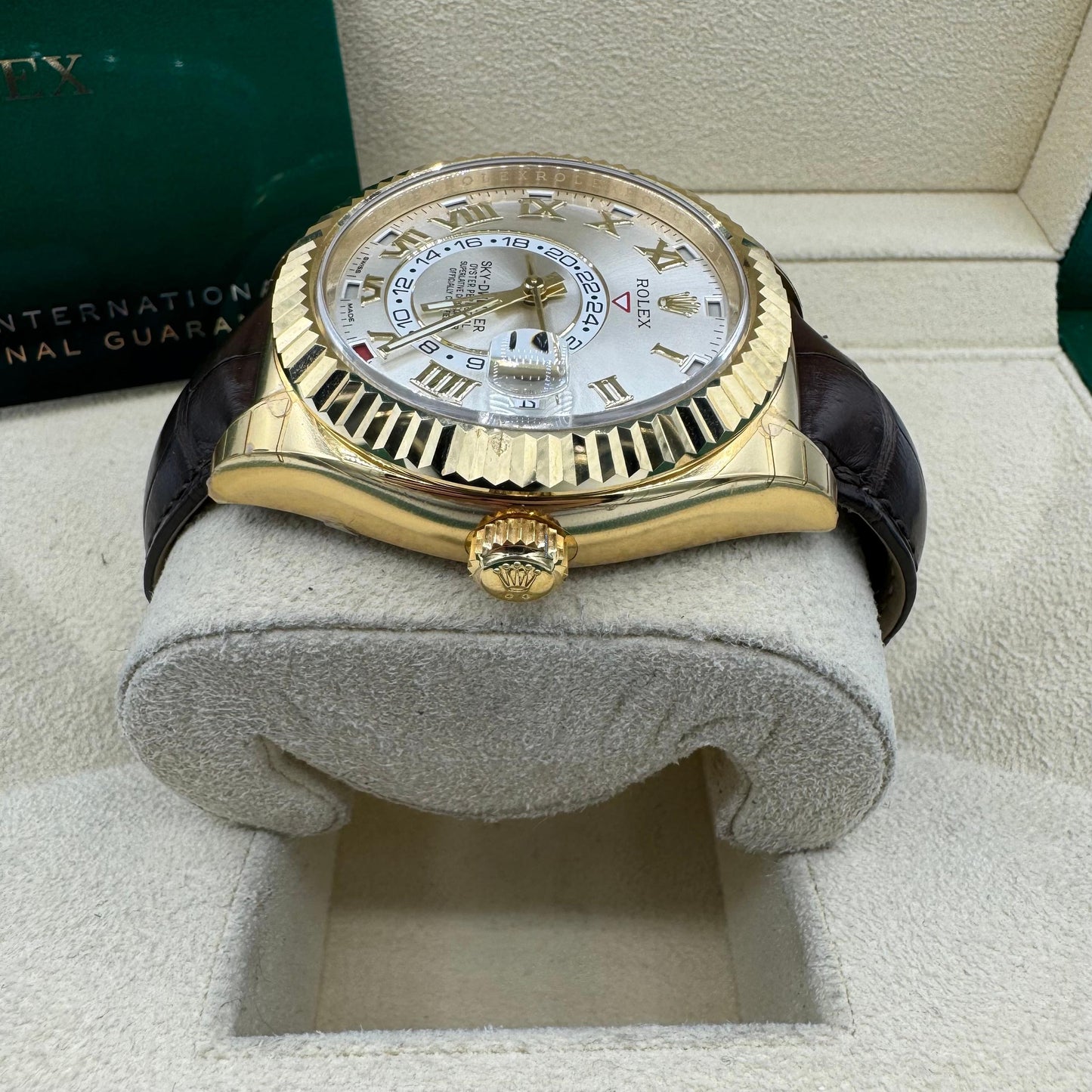 Rolex Yellow Gold Sky-Dweller Watch - Silver Sunray Roman Dial - Brown Leather Strap - 326138 s