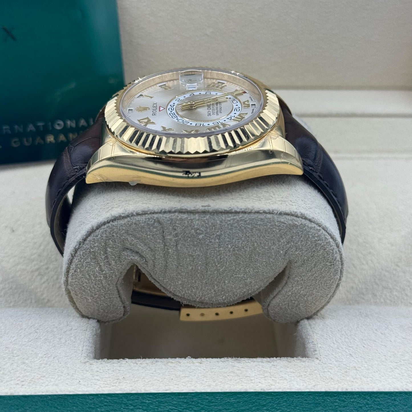 Rolex Yellow Gold Sky-Dweller Watch - Silver Sunray Roman Dial - Brown Leather Strap - 326138 s