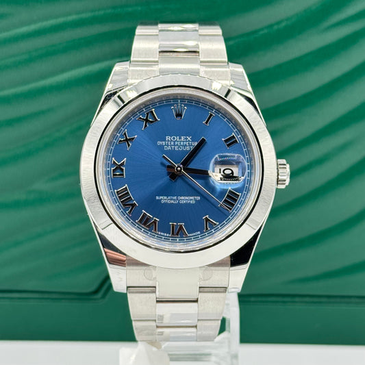 Rolex Steel Datejust 41 Watch - Smooth Bezel - Blue Roman Dial - Oyster Bracelet 116300