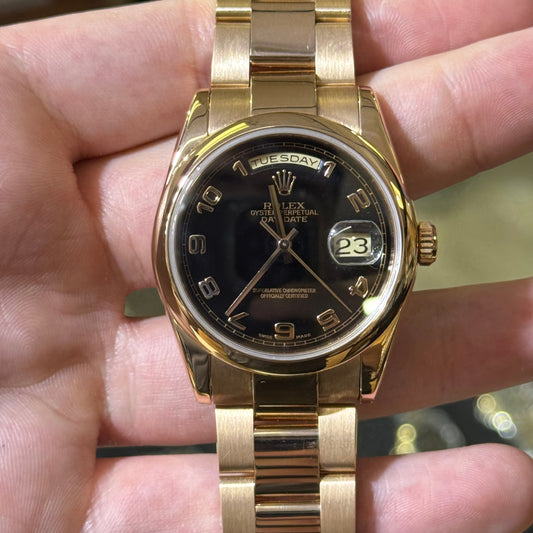 Rolex Pink Gold Day-Date 36 Watch - Domed Bezel - Black Arabic Dial - President Bracelet - 118205 bkap