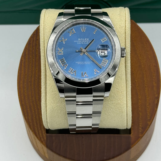 Rolex Steel Datejust 41 Watch - Smooth Bezel - Blue Roman Dial - Oyster Bracelet - 126300 blro