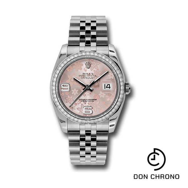 Rolex Steel and White Gold Datejust 36 Watch - 52 Diamond Bezel - Pink Floral Arabic Dial - Jubilee Bracelet - 116244 pfaj