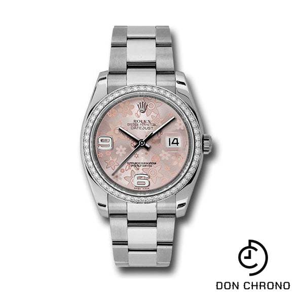 Rolex Steel and White Gold Datejust 36 Watch - 52 Diamond Bezel - Pink Floral Arabic Dial - Oyster Bracelet - 116244 pfao