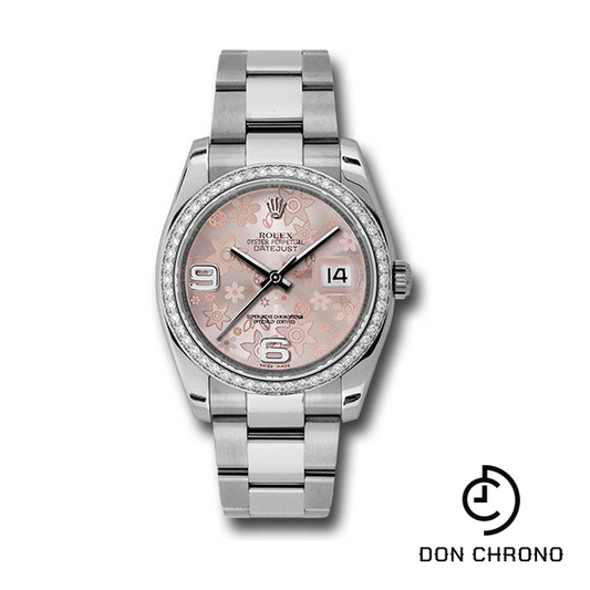 Rolex Steel and White Gold Datejust 36 Watch - 52 Diamond Bezel - Pink Floral Arabic Dial - Oyster Bracelet - 116244 pfao