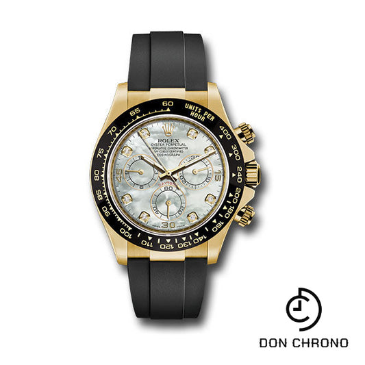 Rolex Yellow Gold Cosmograph Daytona 40 Watch - White Mother-Of-Pearl Diamond Dial - Black Oysterflex Strap - 116518LN mdof