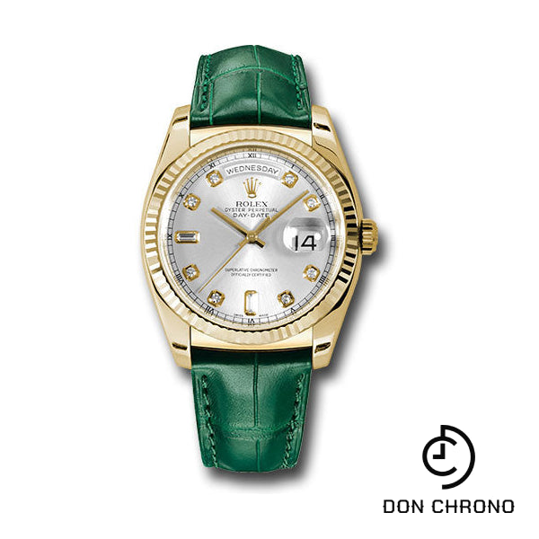 Rolex Yellow Gold Day-Date 36 Watch - Fluted Bezel - Silver Diamond Dial - Green Leather - 118138 sdl