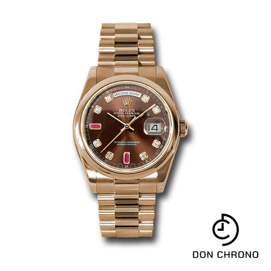 Rolex Everose Gold Day-Date 36 Watch - Domed Bezel - Chocolate Diamond And Ruby Dial - President Bracelet - 118205 chodrp