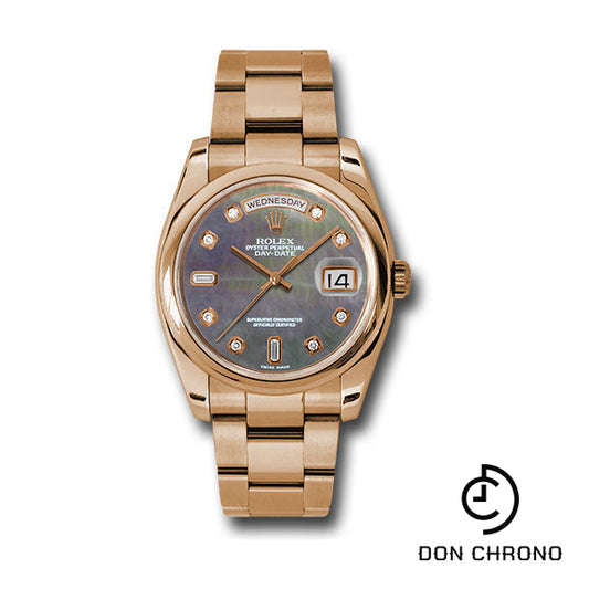 Rolex Pink Gold Day-Date 36 Watch - Domed Bezel - Dark Mother-Of-Pearl Diamond Dial - Oyster Bracelet - 118205 dkmdo