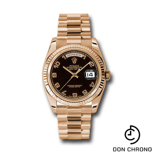 Rolex Pink Gold Day-Date 36 Watch - Fluted Bezel - Black Arabic Dial - President Bracelet - 118235 bkap