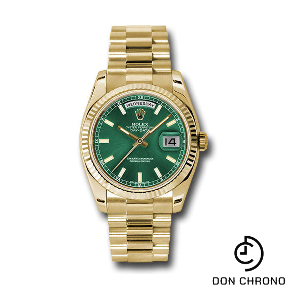 Rolex Yellow Gold Day-Date 36 Watch - Fluted Bezel - Green Index Dial - President Bracelet - 118238 grip
