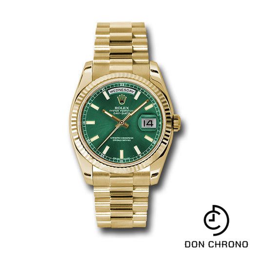 Rolex Yellow Gold Day-Date 36 Watch - Fluted Bezel - Green Index Dial - President Bracelet - 118238 grip