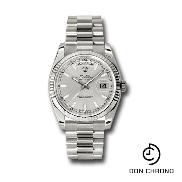 Rolex White Gold Day-Date 36 Watch - Fluted Bezel - Silver Index Dial - President Bracelet - 118239 ssp