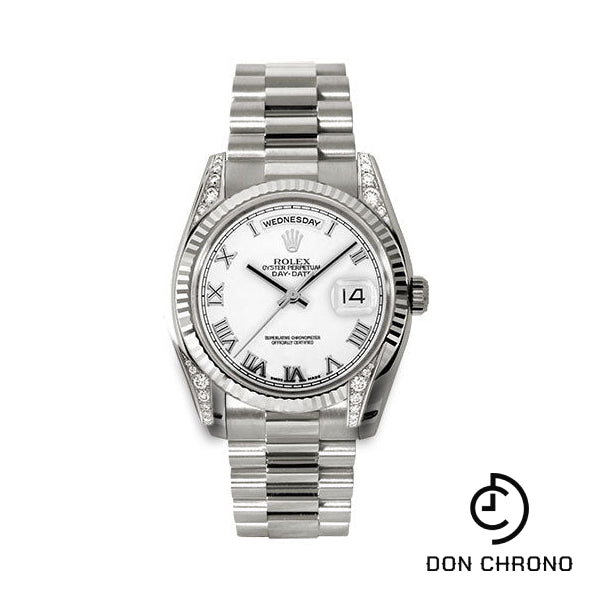 Rolex White Gold Day-Date 36 Watch - Fluted Bezel - White Roman Dial - President Bracelet - 118339 wrp