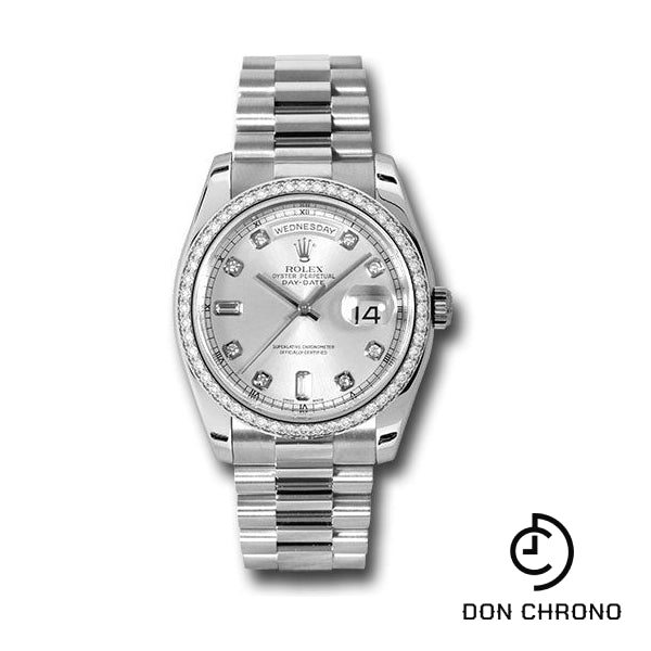 Rolex Platinum Day-Date 36 Watch - Bezel - Silver Diamond Dial - President Bracelet - 118346 sdp
