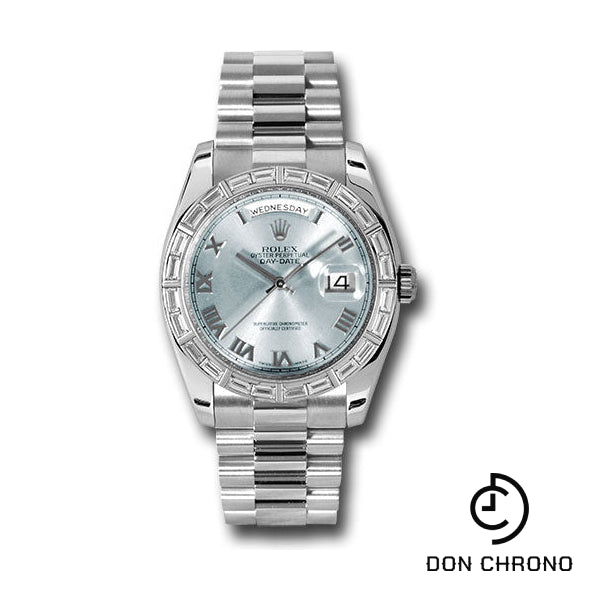 Rolex Platinum Day-Date 36 Watch - Bezel - Glacier Blue Roman Dial - President Bracelet - 118366 glarp