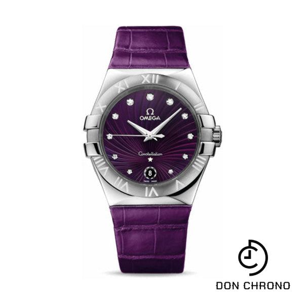 Omega Ladies Constellation Quartz Watch - 35 mm Brushed Steel Case - Purple Diamond Dial - Purple Leather Strap - 123.13.35.60.60.001