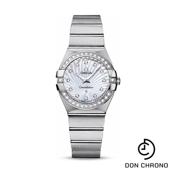 Omega Ladies Constellation Quartz Watch - 27 mm Brushed Steel Case - Diamond Bezel - Mother-Of-Pearl Diamond Dial - 123.15.27.60.55.002