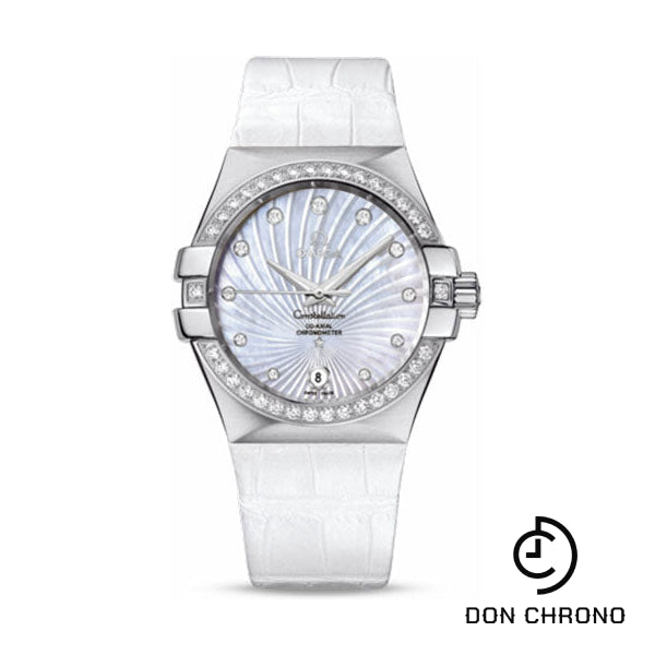 Omega Ladies Constellation Chronometer Watch - 35 mm Brushed Steel Case - Diamond Bezel - Mother-Of-Pearl Supernova Diamond Dial - White Leather Strap - 123.18.35.20.55.001