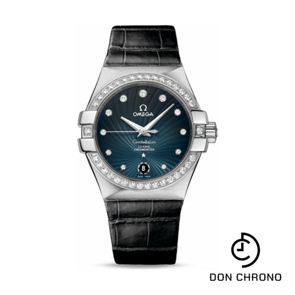 Omega Ladies Constellation Chronometer Watch - 35 mm Brushed Steel Case - Diamond Bezel - Blue Diamond Dial - Black Leather Strap - 123.18.35.20.56.001