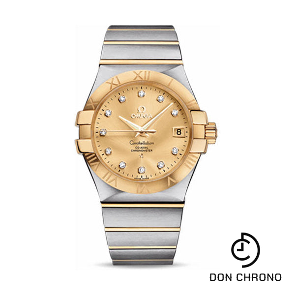 Omega Gents Constellation Chronometer Watch - 35 mm Brushed Steel And Yellow Gold Case - Champagne Diamond Dial - 123.20.35.20.58.001