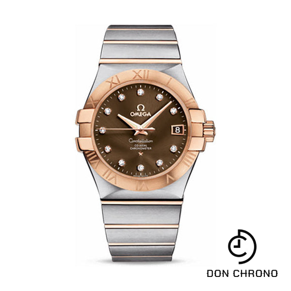 Omega Gents Constellation Chronometer Watch - 35 mm Brushed Steel And Red Gold Case - Brown Diamond Dial - 123.20.35.20.63.001