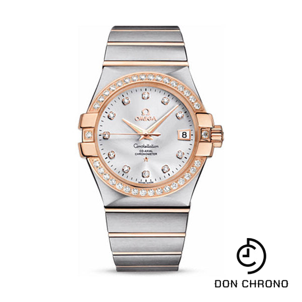 Omega Gents Constellation Chronometer Watch - 35 mm Brushed Steel And Red Gold Case - Diamond Bezel - Silver Diamond Dial - 123.25.35.20.52.001