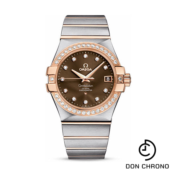 Omega Gents Constellation Chronometer Watch - 35 mm Brushed Steel And Red Gold Case - Diamond Bezel - Brown Diamond Dial - 123.25.35.20.63.001