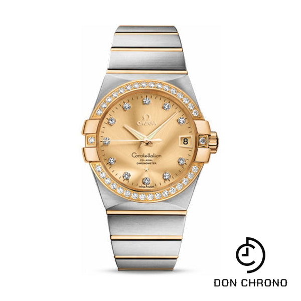 Omega Gents Constellation Chronometer Watch - 38 mm Brushed Steel And Yellow Gold Case - Diamond Bezel - Champagne Diamond Dial - 123.25.38.21.58.001