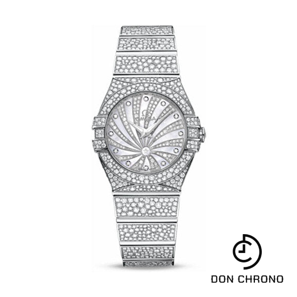 Omega Ladies Constellation Luxury Edition Watch - 27 mm White Gold Case - Snow-Set Diamond Bezel - Mother-Of-Pearl Diamond Dial - 123.55.27.60.55.010