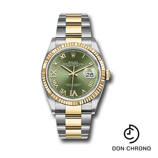 Rolex Steel and Yellow Gold Rolesor Datejust 36 Watch - Fluted Bezel - Olive Green Roman Dial - Oyster Bracelet - 126233 ogdr69o