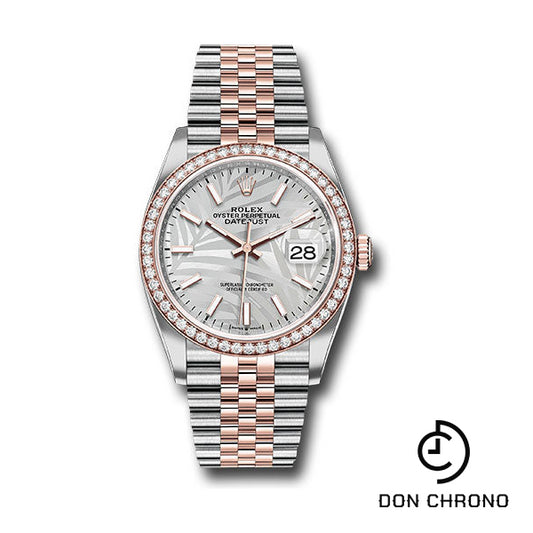 Rolex Everose Rolesor Datejust 36 Watch - Diamond Bezel - Silver Palm Motif Index Dial - Jubilee Bracelet - 126281rbr spmij