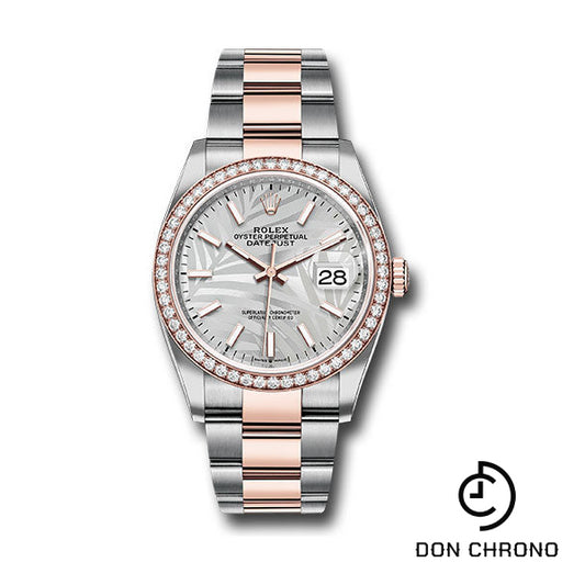 Rolex Everose Rolesor Datejust 36 Watch - Diamond Bezel - Silver Palm Motif Index Dial - Oyster Bracelet - 126281rbr spmio