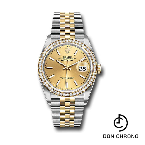 Rolex Steel and Yellow Gold Rolesor Datejust 36 Watch - Yellow Diamond Bezel - Champagne Index Dial - Jubilee Bracelet - 126283RBR chij