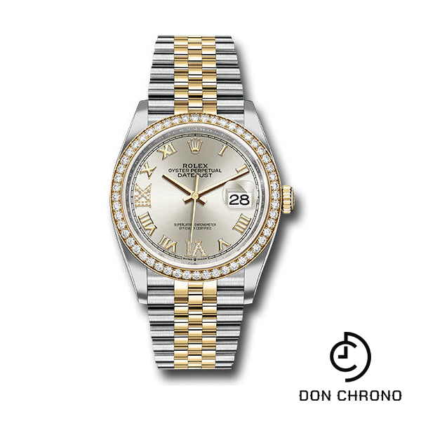 Rolex Steel and Yellow Gold Rolesor Datejust 36 Watch - Yellow Diamond Bezel - Silver Roman Dial - Jubilee Bracelet - 126283RBR sdr69j