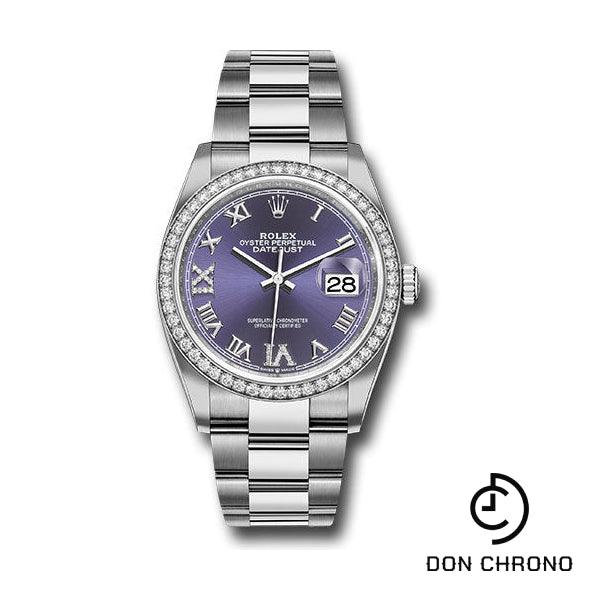 Rolex Steel Datejust 36 Watch - Diamond Bezel - Aubergine Purple Diamond Roman VI and IX Dial - Oyster Bracelet - 126284RBR audr69o