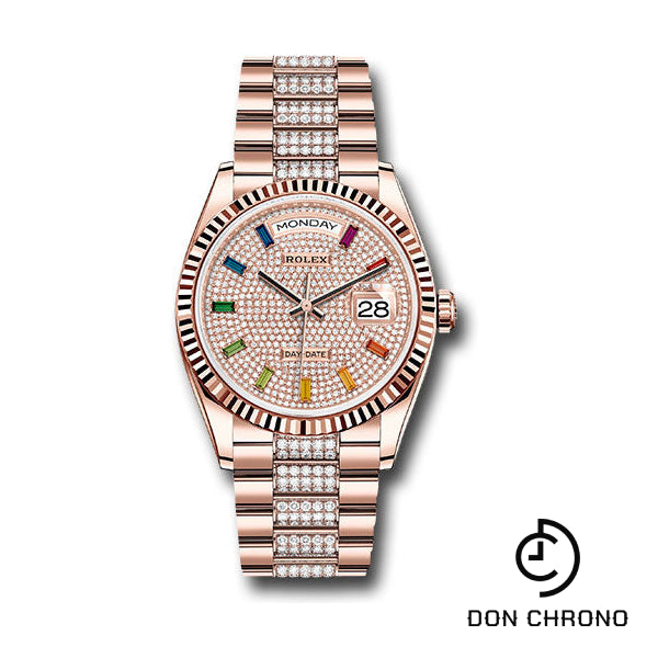 Rolex Everose Gold Day-Date 36 Watch - Fluted Bezel - Diamond-Paved Dial - Diamond President Bracelet - 128235 dprsdp