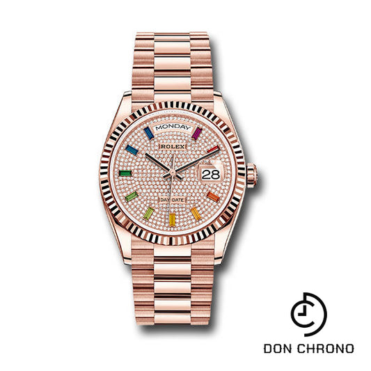 Rolex Everose Gold Day-Date 36 Watch - Fluted Bezel - Diamond-Paved Rainbow Sapphire Dial - President Bracelet - 128235 dprsp