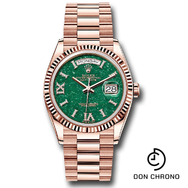 Rolex Everose Gold Day-Date 36 Watch - Fluted Bezel - Green Aventurine Diamond Index Roman 9 Dial - President Bracelet - 128235 gavdidrp