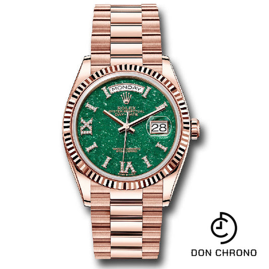 Rolex Everose Gold Day-Date 36 Watch - Fluted Bezel - Green Aventurine Diamond Index Roman 9 Dial - President Bracelet - 128235 gavdidrp