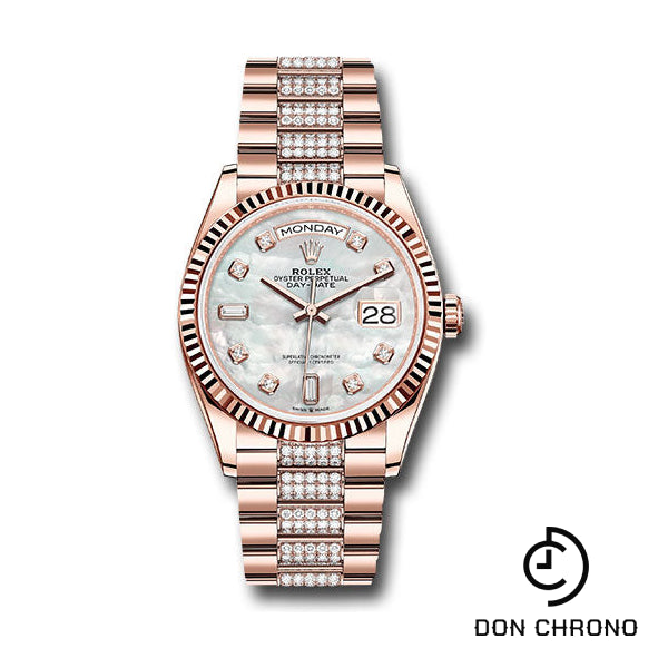 Rolex Everose Gold Day-Date 36 Watch - Fluted Bezel - White Mother-Of-Pearl Diamond Dial - Diamond President Bracelet - 128235 mddp