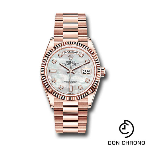 Rolex Everose Gold Day-Date 36 Watch - Fluted Bezel - Mother-of-Pearl Diamond Dial - President Bracelet - 128235 mdp