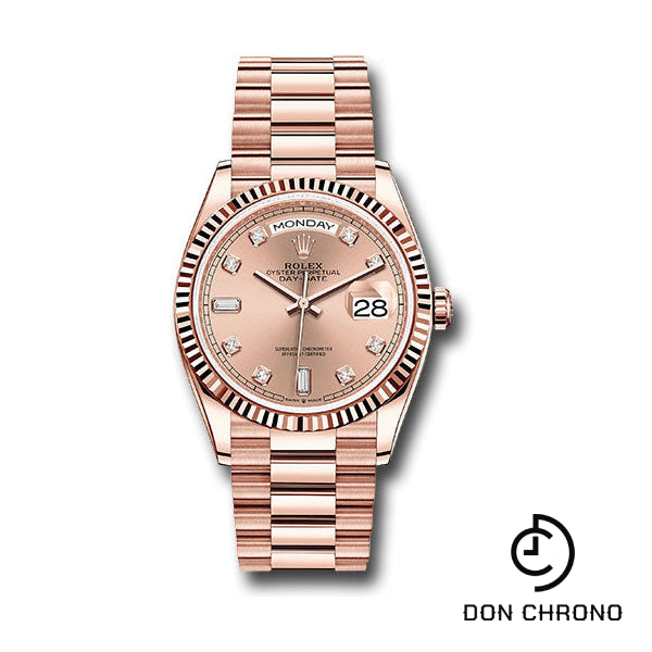 Rolex Everose Gold Day-Date 36 Watch - Fluted Bezel - RosŽ Diamond Dial - President Bracelet - 128235 rodp