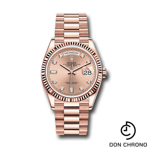 Rolex Everose Gold Day-Date 36 Watch - Fluted Bezel - RosŽ Diamond Dial - President Bracelet - 128235 rodp