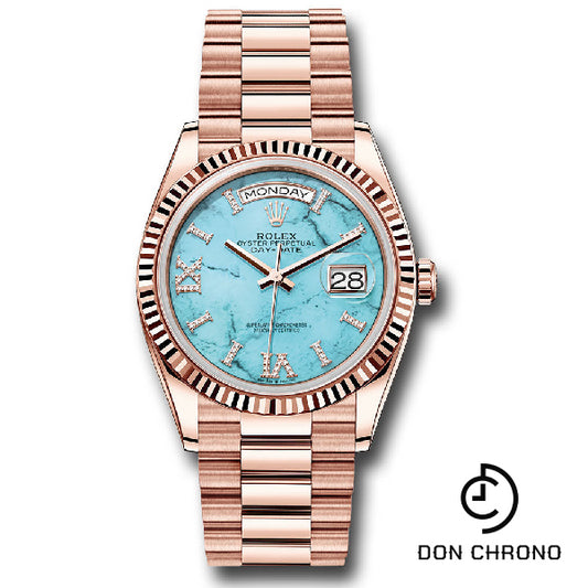 Rolex Everose Gold Day-Date 36 Watch - Fluted Bezel - Turquoise Diamond Index Roman 9 Dial - President Bracelet - 128235 tdidrp