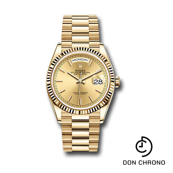 Rolex Yellow Gold Day-Date 36 Watch - Fluted Bezel - Champagne Index Dial - President Bracelet - 128238 chip