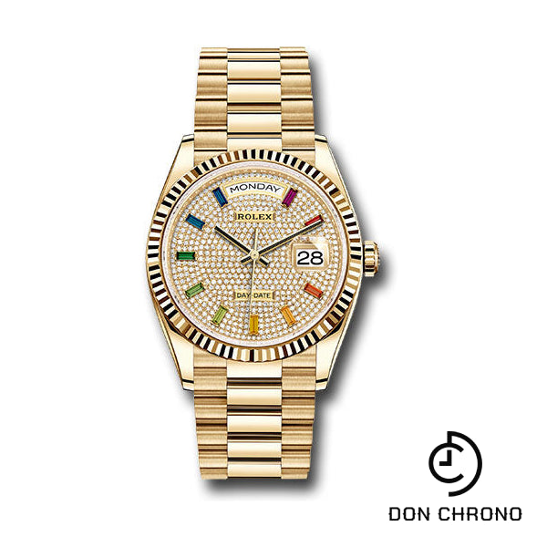 Rolex Yellow Gold Day-Date 36 Watch - Fluted Bezel - Diamond-Paved Rainbow Sapphire Dial - President Bracelet - 128238 dprsp