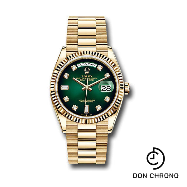 Rolex Yellow Gold Day-Date 36 Watch - Fluted Bezel - Green Ombre« Diamond Dial - President Bracelet - 128238 godp