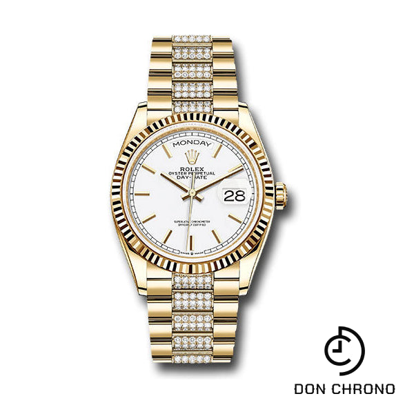 Rolex Yellow Gold Day-Date 36 Watch - Fluted Bezel - White Index Dial - Diamond President Bracelet - 128238 widp