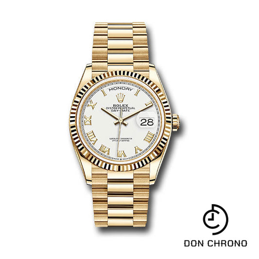 Rolex Yellow Gold Day-Date 36 Watch - Fluted Bezel - White Roman Dial - President Bracelet - 128238 wrp