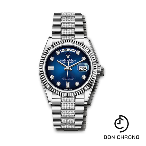 Rolex White Gold Day-Date 36 Watch - Fluted Bezel - Blue OmbrŽ Diamond Dial - Diamond President Bracelet - 128239 bloddp